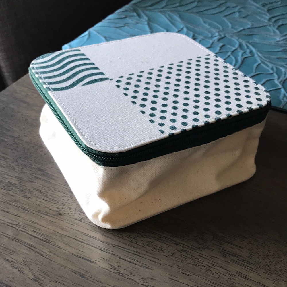 The Body Shop Canvas Storage Box/Makeup Bag with Green Pattern and Ramie Loofah